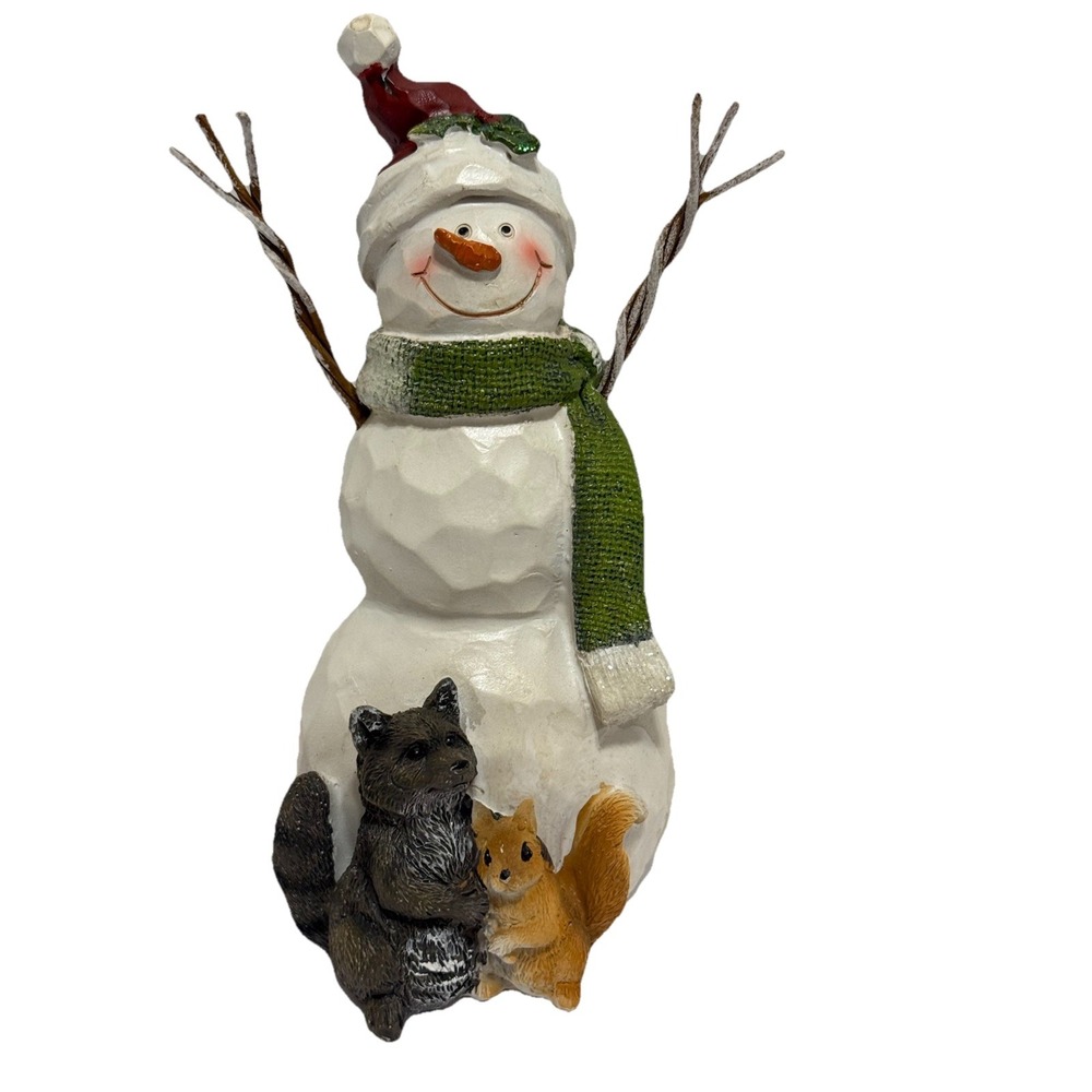 12" Primitive Style Christmas Frosty Snowman Top Hat Scarf Metal arms Animals